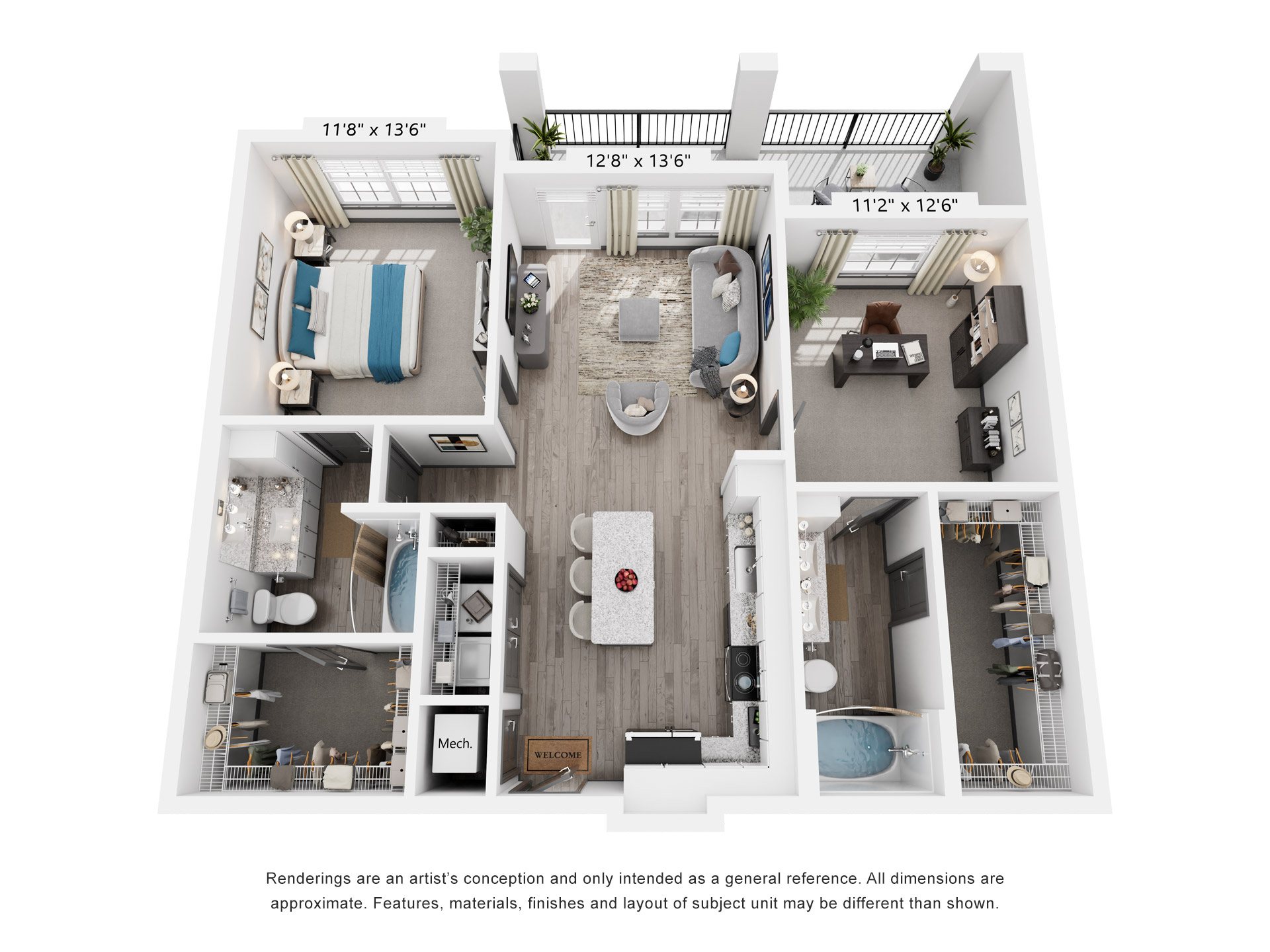 Floor plan for 2 beds, 2 baths, 1057 sqft